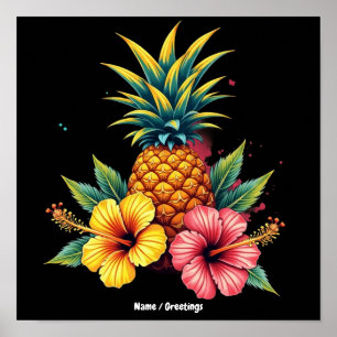 Póster Piña y Flor de Hibisco Hawaii Verano Playa 