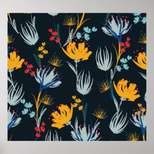 Póster Pincel floral de contraste: negro sin foco