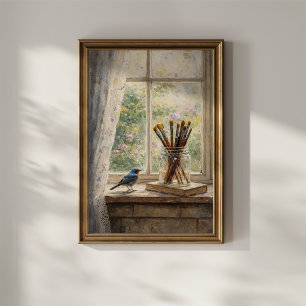 Póster Pinceles de artista escena de ventana