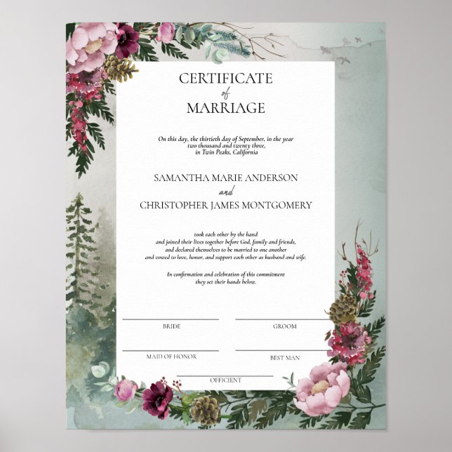 Póster Pine Forest Burgundy Certificado de Matrimonio (Frente)