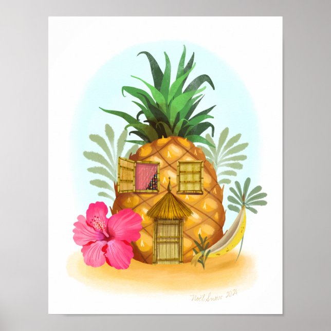 Póster Pineapple Hibiscus Beach House Art Print (Frente)