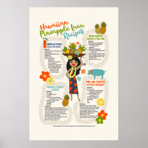 Póster Pineapple Luau Hawaiian Hula Chica Vintage Recetas
