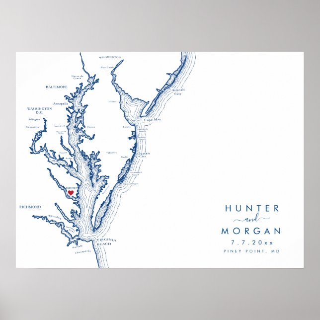 Póster Piney Point MD Wedding Modern Map Guestbook Poster (Frente)