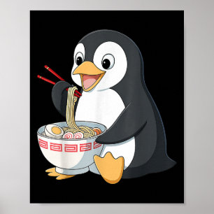 Póster Pingüino Anime Kawaii Comiendo regalos de fideos d