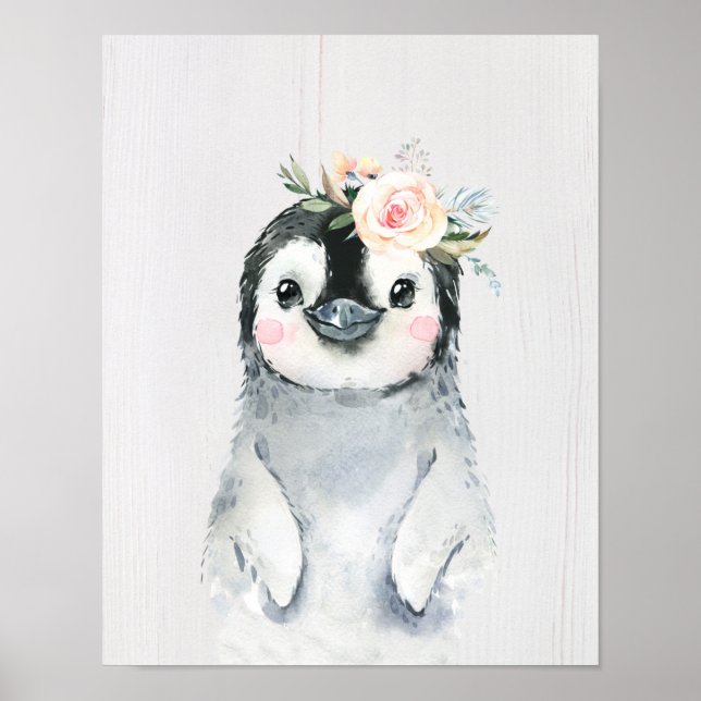 Póster Pingüino Bebé Floral Acuarela, Animales Nevados (Frente)
