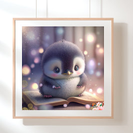 Póster Pingüino bebé lindo leyendo un libro Nursery de ar