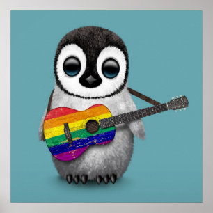 Póster Pingüino bebé toca guitarra con bandera arcoiris a