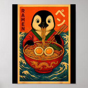 Póster Pingüino comiendo fideos japoneses Ramen divertido