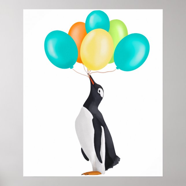 Póster Pingüino Con Globos Coloridos (Frente)