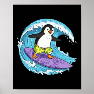 Póster Pingüino Divertido Está Surfeando Una Ola Del Océa