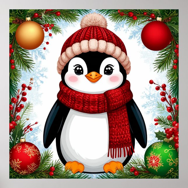 Póster Pingüino Festivo Decorado Con Ornamentos Vacaciona (Frente)