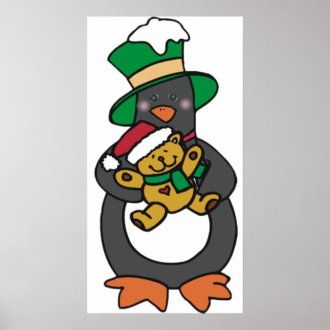 Póster Pingüino irlandés sosteniendo osito de Navidad (Frente)