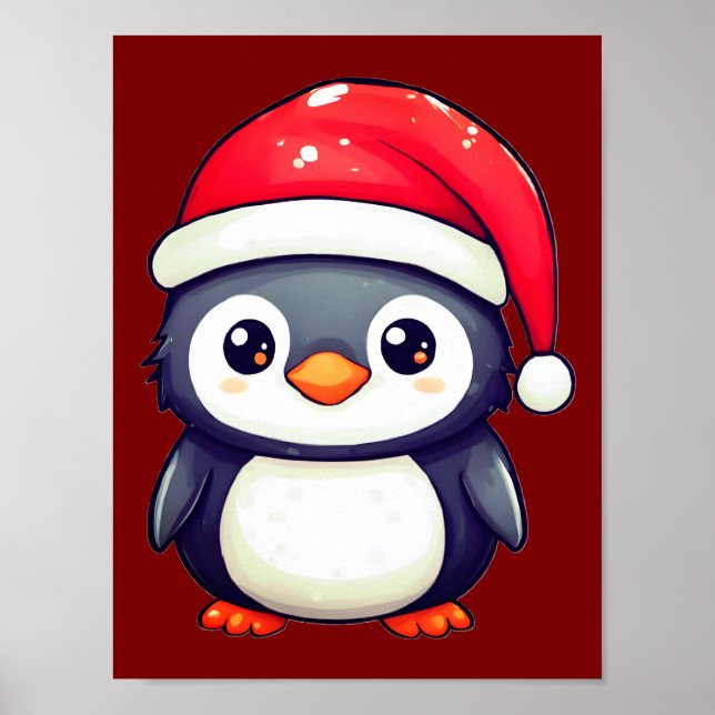 Póster Pingüino Kawaii usando un acogedor Sombrero Santa  (Frente)