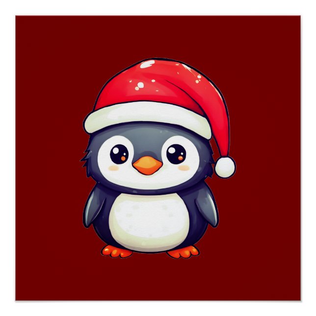 Póster Pingüino Kawaii usando un acogedor Sombrero Santa  (Anverso)