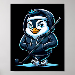 Póster Pingüino Mascota De Hockey Sobre Hielo Con Palo Y
