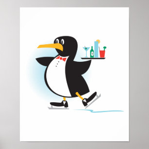Póster pingüino mozo lindo sobre patines