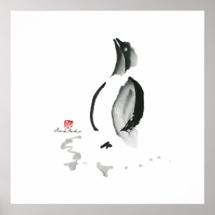 Póster Pingüino navidad, Sumi-e