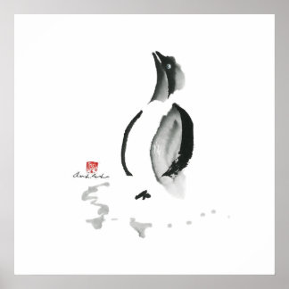 Póster Pingüino navidad, Sumi-e