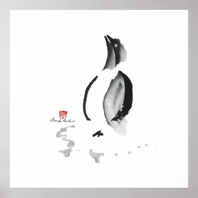 Póster Pingüino navidad, Sumi-e (Frente)
