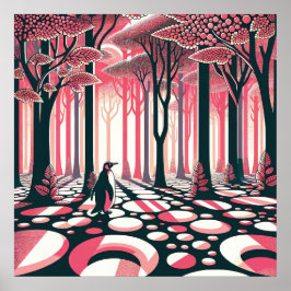 Póster Pingüino oscuro rosa Nostalgia geométrica Árbol fo