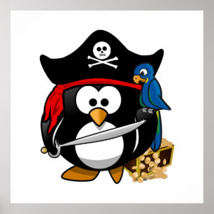 Póster Pingüino pirata con tesoro en pecho