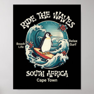 Póster Pingüino surfeando olas Sudáfrica Cape Cod Surfs