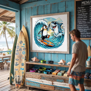 Póster Pingüino Surfista y Tiburón Dando un Alto Cinco