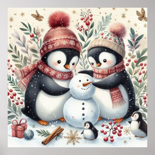 Póster Pingüinos Construyendo Un Snowman (Frente)