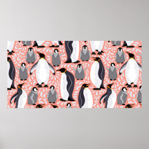 Póster Pingüinos emperadores y sus cachorros con un patró
