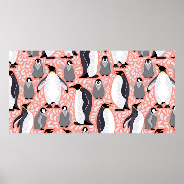 Póster Pingüinos emperadores y sus cachorros con un patró (Frente)