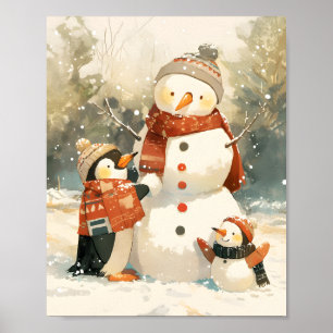 Póster Pingüinos Lindos & Muñeco de Nieve – Acuarela Inve
