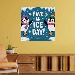 Póster Pinguinos Lindos Patinando en el Hielo Dibujos Ani