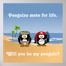 Póster Pingüinos Tropicales Pareja Playa Isla Pirata Hula
