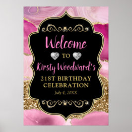 Póster Pink Agate Geode Slices and Gold Glitter Birthday
