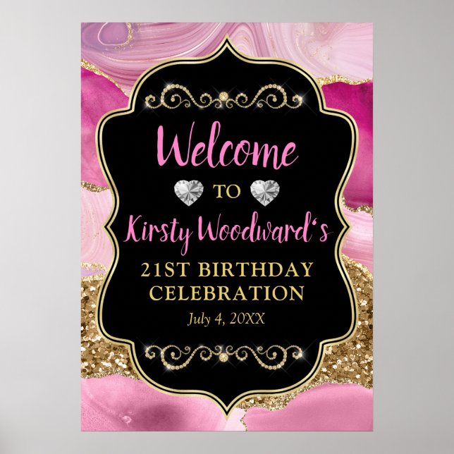 Póster Pink Agate Geode Slices and Gold Glitter Birthday (Frente)