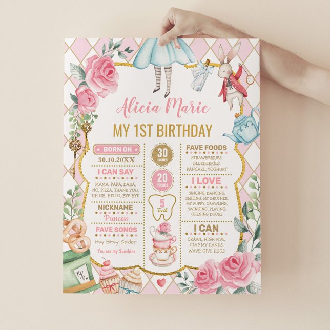 Póster Pink Alice in Wonderland Birthday Stats Milestone (Subido por el creador)