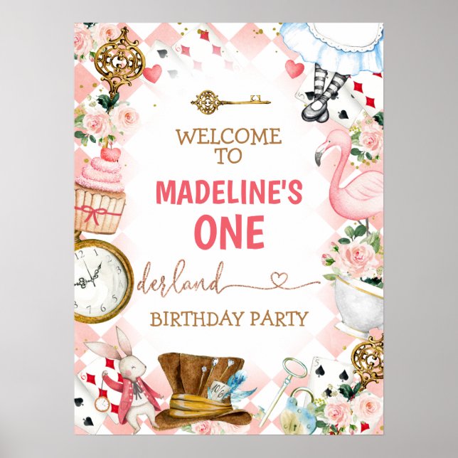 Póster Pink Alice In Wonderland Oneder Birthday Welcome (Frente)