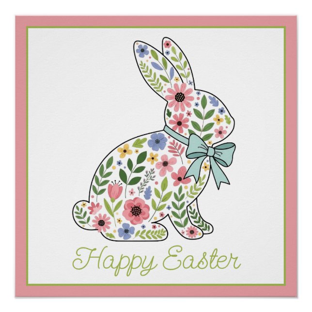 Póster Pink and Blue Wildflower Easter Rabbit (Anverso)
