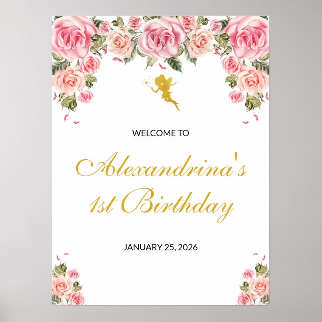 Póster Pink and Gold Fairy Theme Birthday Poster (Frente)