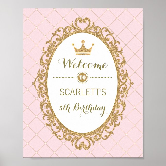 Póster Pink and Gold Princess Birthday Party Welcome Sign (Frente)