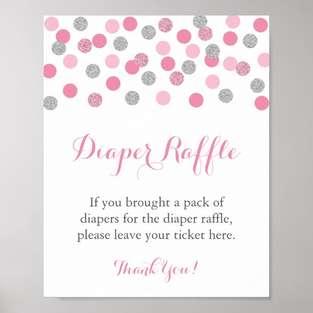 Póster Pink and Silver Glitter Diaper Raffle Display Sign (Frente)