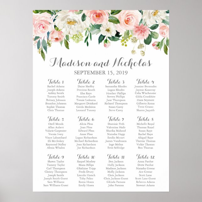 Póster Pink and White Flower Wedding Seating Chart (Frente)