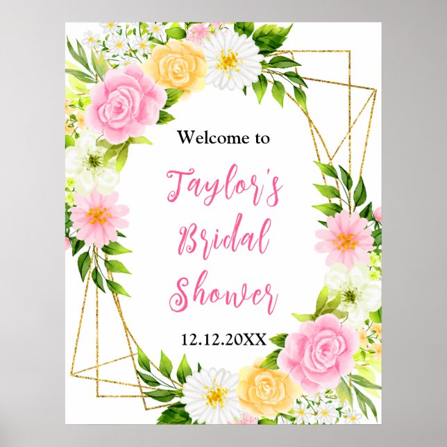 Póster Pink and Yellow Floral Bridal Shower Welcome Sign (Frente)