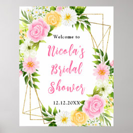 Póster Pink and Yellow Flower Bridal Shower Welcome