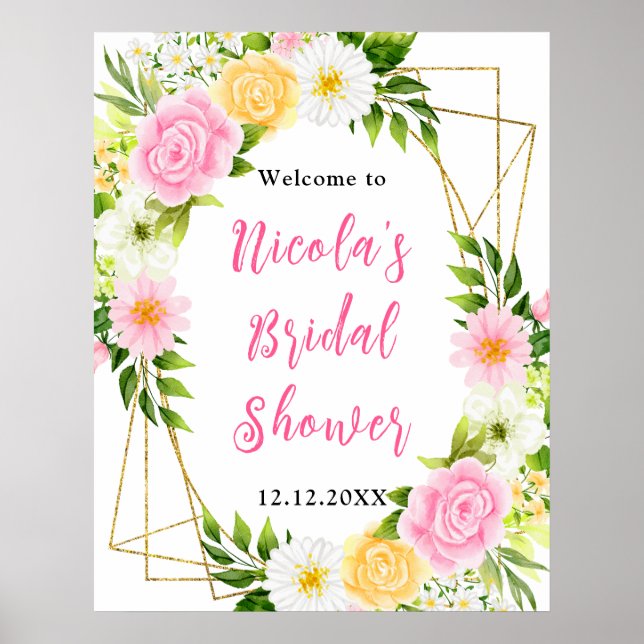 Póster Pink and Yellow Flower Bridal Shower Welcome (Frente)
