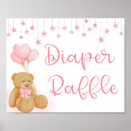 Póster Pink Baby Shower Diaper Raffle Rótulo Teddy Bear