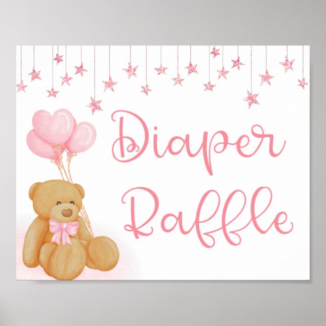 Póster Pink Baby Shower Diaper Raffle Rótulo Teddy Bear (Frente)