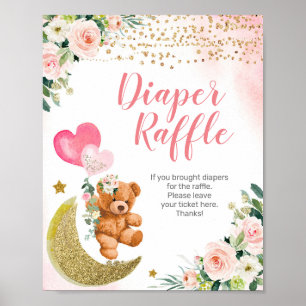 Póster Pink Balloon Teddy Bear Diaper Raffle Sign