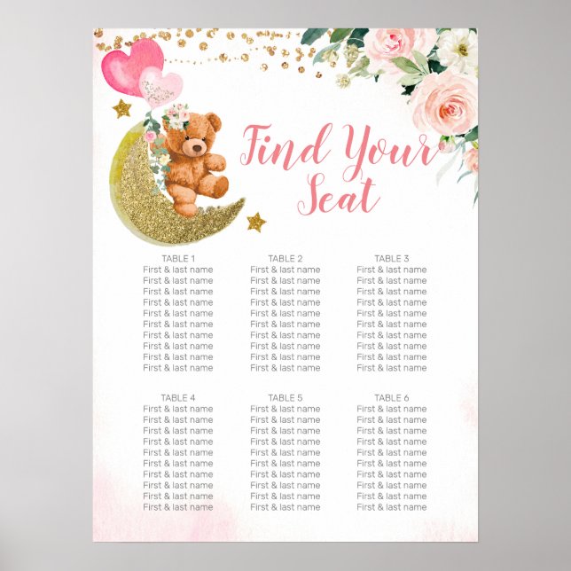 Póster Pink Balloon Teddy Bear Seating Chart Sign (Frente)