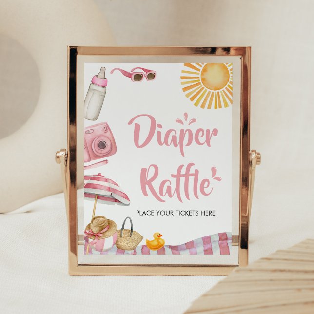 Póster Pink Beach Summer Baby Shower Diaper Raffle (Splish Splash Baby Shower Diaper Raffle Sign)